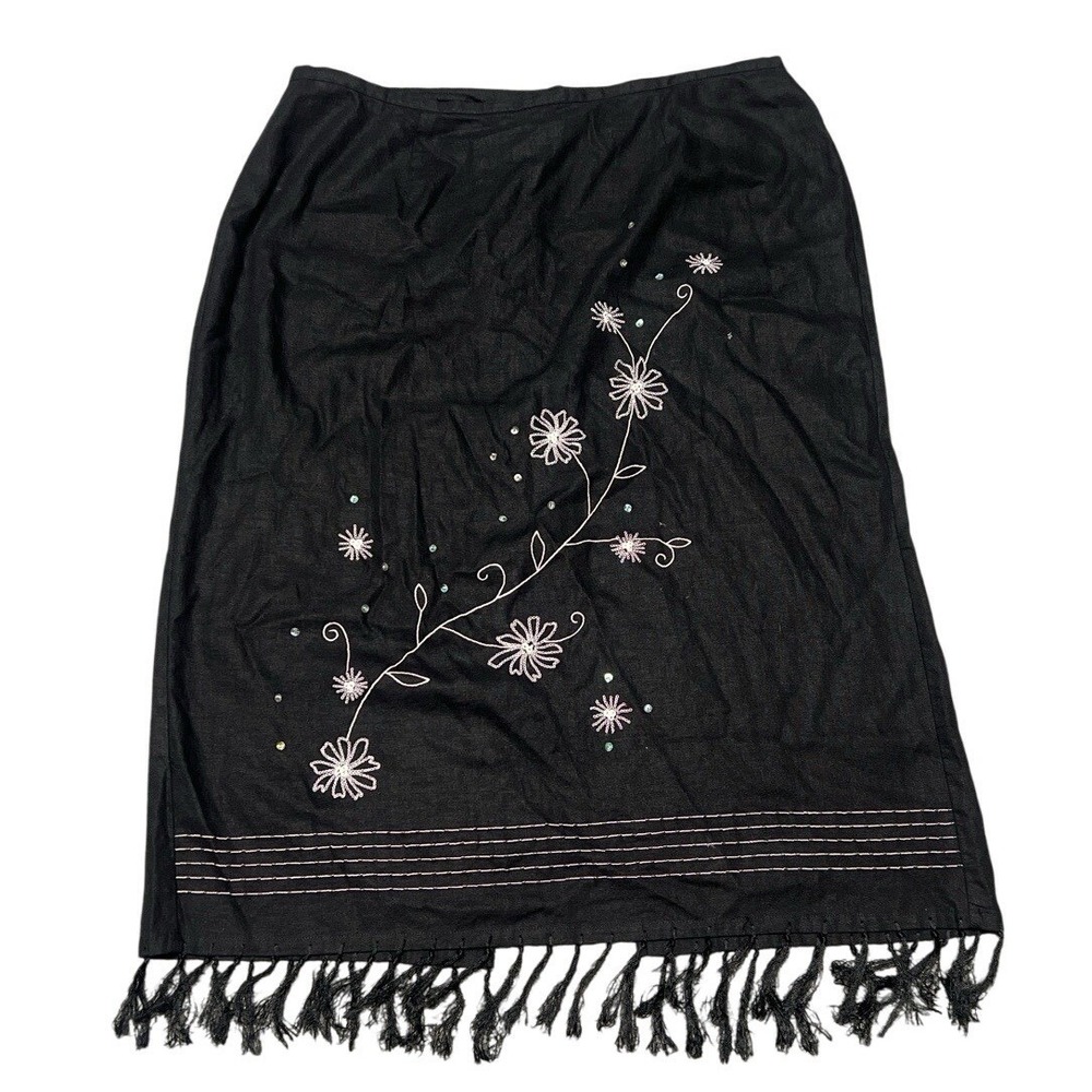 Black Linen Midi Skirt Floral Embroidered Beaded Fringe XL Boho Folk Cottage